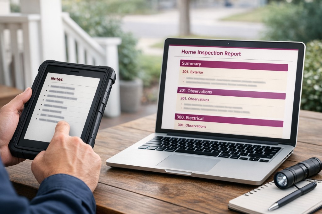 Inspector using a tablet for field notes beside a laptop showing a structured home inspection report on a porch table
