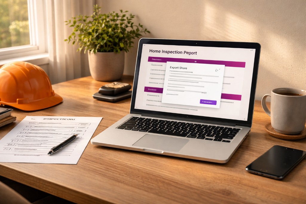 Desk with hard hat, paper checklist, and laptop showing a home inspection report with export and share options in warm daylight